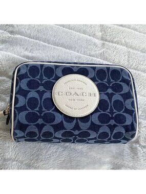 Coach Denim Signature Cosmetic Bag Wristlet Blue Makeup Pouch Travel Case